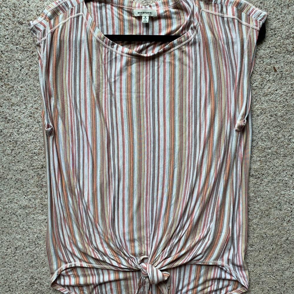 MAX STUDIO WOMENS SIZE MEDIUM CREAM PINK STRIPPED CASUAL CLASSIC TANK TOP USED